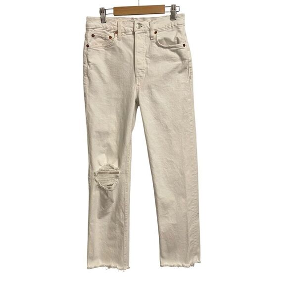 RE/DONE 70's Stovepipe Jeans Button Fly Raw Hem White Size 26 - Picture 1 of 7